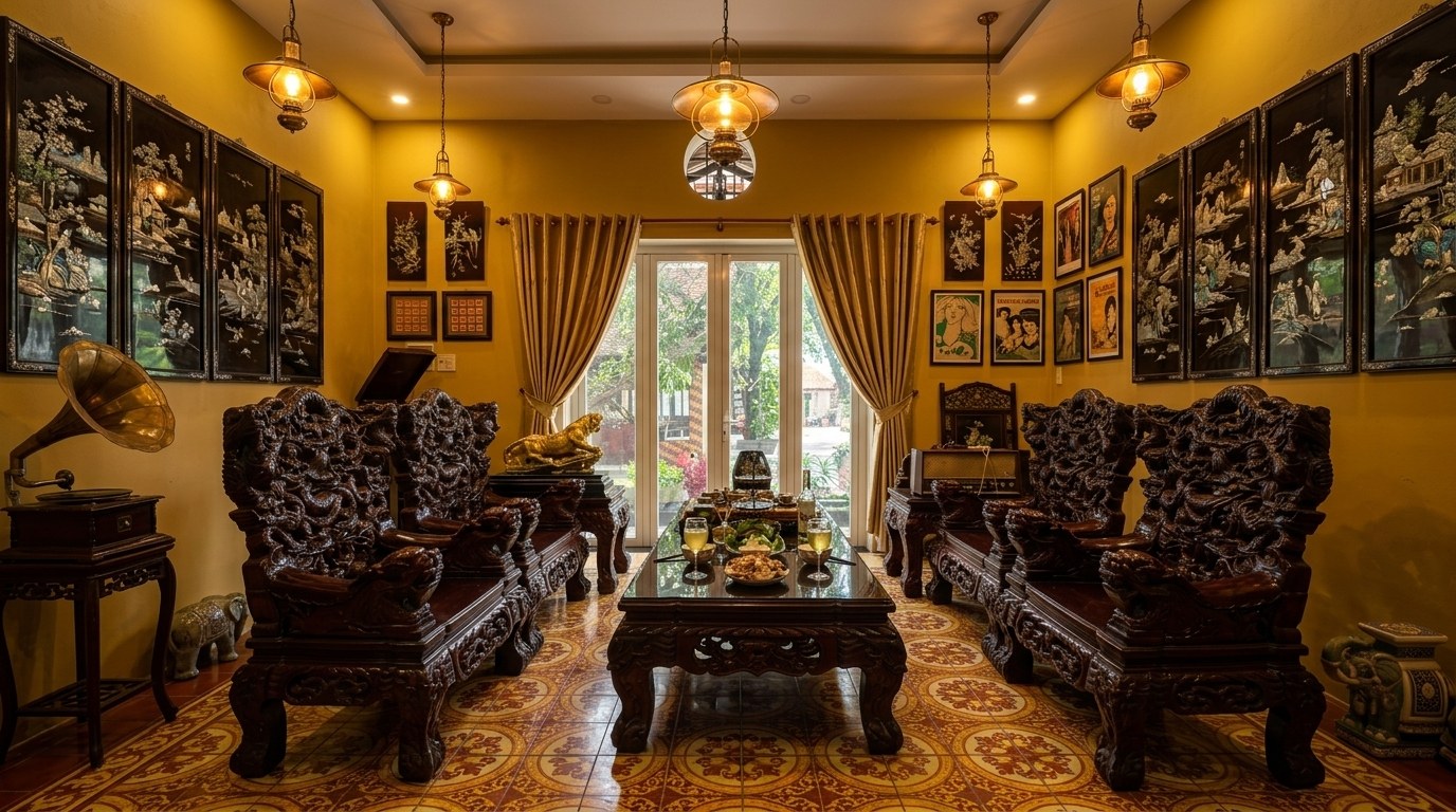 Phòng trà salon gỗ cẩm lai chạm rồng và máy hát loa kèn gramophone Mộc Viên
