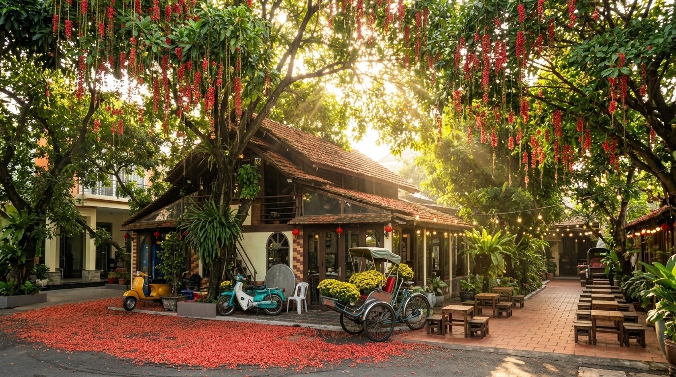 Sân vườn hoa lộc vừng rủ đỏ, xe Vespa vàng, Honda Cub và xích lô hoa cúc Mộc Viên